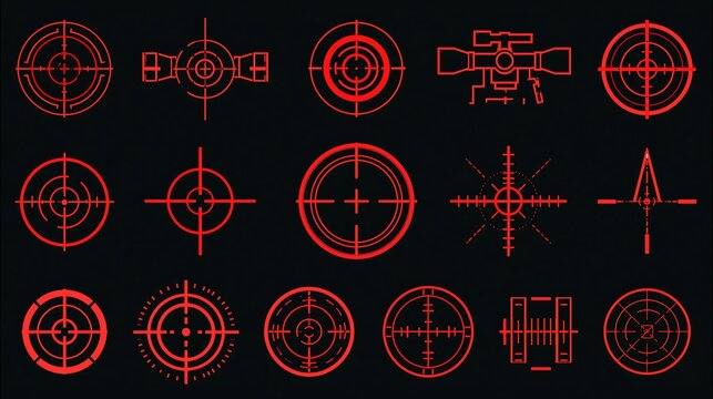 Collection bundle of aim focus targets with red color marking on dark background, military sniper crosshairs, digital interface design elements, strategy and business goal concepts