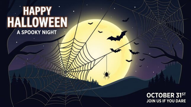Spooky full moon background featuring a detailed spider web and halloween banner for festive october holiday celebration party designs