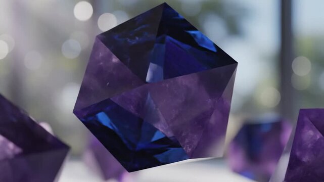 Floating purple amethyst crystal polyhedron rotating slowly in close up