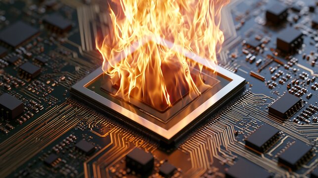 A close up view of a computer circuit board with a processor engulfed in bright flames representing overheating and hardware failure