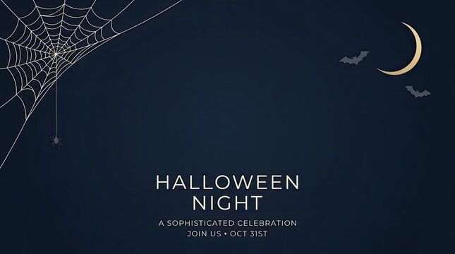 A dark festive spider web and halloween banner featuring a glowing crescent moon and spooky night sky background design
