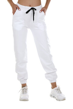 Woman wearing pants in a white studio for e-commerce fashion