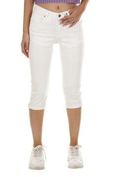 Woman wearing pants in a white studio for e-commerce fashion