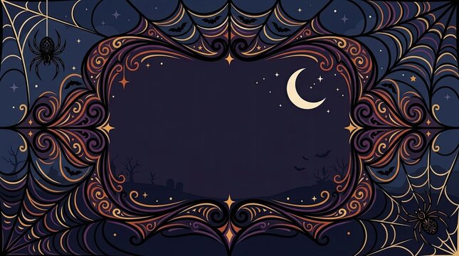 A dark gothic style spider web and halloween banner frame featuring a crescent moon for festive holiday party invitations