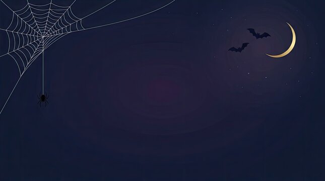 A dark night sky background featuring a delicate spider web and halloween banner elements for festive seasonal holiday party invitations