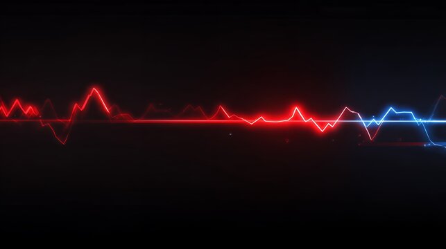 Red and blue neon glowing pulse line heart beat or audio frequency wave on dark background for medical tech and sound overlays.