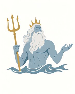 Flat vector illustration of sea god Poseidon holding a trident in ocean waves with open palm gesture