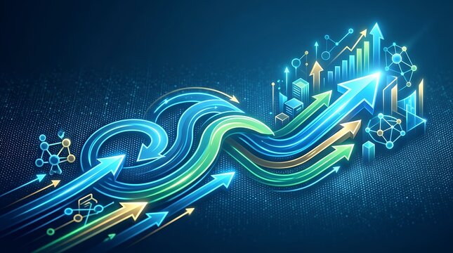 Energetic Pointer Indications Steering Across Chronological Progression Paths Conceptual Digital Flow Design Emphasizing Historical Evolution Towards Advanced Enterprise Outcomes Illuminated