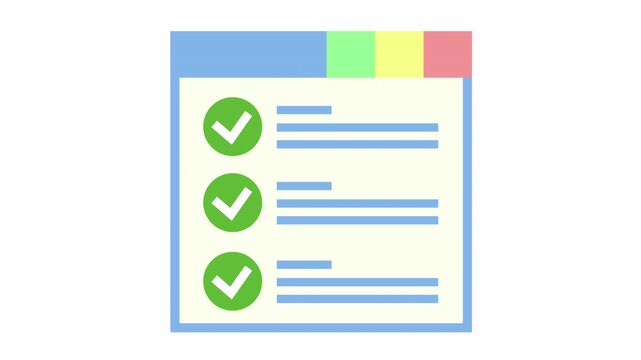 Task list document with green checkmarks and colorful tab dividers cartoon animation for completed checklist icon and successful project management notification element isolated on an alpha channel.