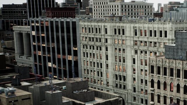 City view shows multiple buildings with different styles. Sunlight reflects off windows. Rooftops have air conditioning units. Streets are not visible.