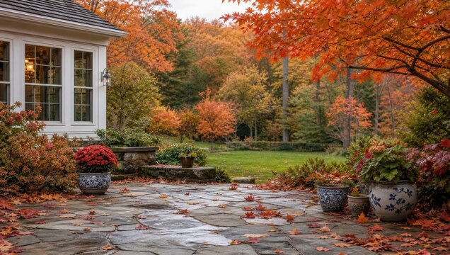 Cozy autumn backyard patio with vibrant flowers and colorful foliage.