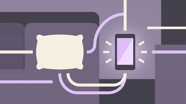 Sleep tracking app concept with phone connected to a pillow on bed, flat vector illustration.