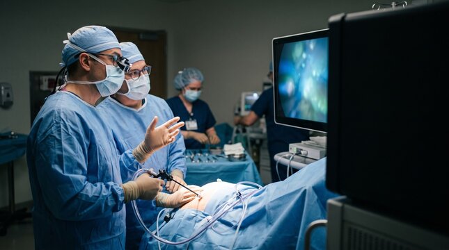 Surgical Team in Action: A focused surgical team performs a laparoscopic procedure.