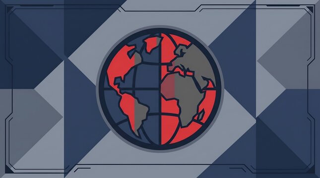 Stylized globe map on geometric digital background representing global network, data tech, and modern UI design.