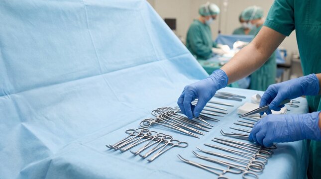 Surgical Precision: A sterile operating room setting with gloved hands arranging meticulously organized surgical instruments on a clean cloth, preparing for a life-saving procedure.