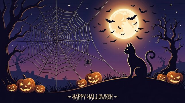 A spooky halloween banner featuring a detailed spider web silhouette with glowing jack o lanterns and a black cat