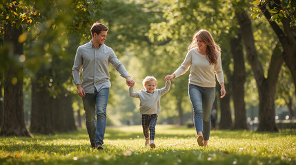 Obraz premium Happy Young Family Walking in Sunlit Park Holding Hands