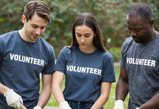 Community service and social responsibility, diverse volunteers working together outdoors for a cause