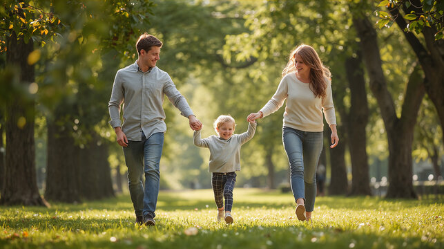 Happy Young Family Walking in Sunlit Park Holding Hands
