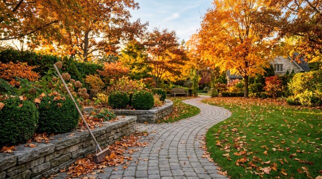 Garden pathway bordered by stone wall and vibrant autumn foliage with broom.