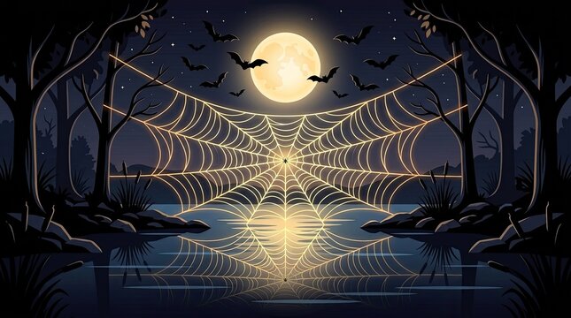 Spooky spider web and halloween banner featuring a full moon over a dark forest lake at night time