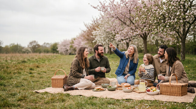 Happy family enjoying a spring picnic under blooming cherry blossom trees