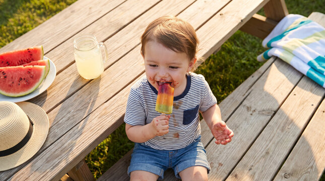 Happy toddler enjoying a colorful popsicle on a sunny picnic day