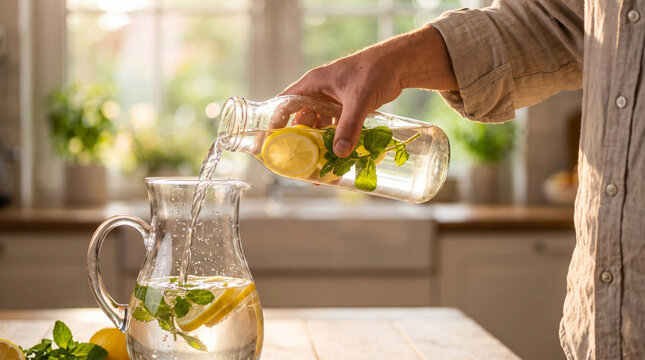 Pouring Refreshing Lemon Mint Infused Water into a Pitcher