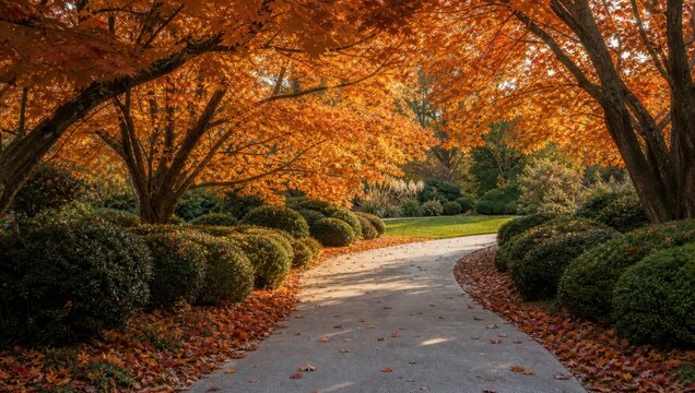 Golden autumn trees arching over a concrete pathway in a well-maintained garden.