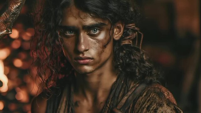 Europe medieval lifestyle. A closeup portrait of a young man with intense blue eyes, set against a dimly lit, rustic backdrop. He has long, wavy, dark hair that falls to his shoulders.