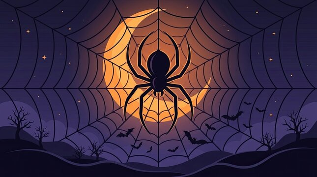 A spooky spider web and halloween banner featuring a large black spider silhouette against a glowing orange crescent moon background