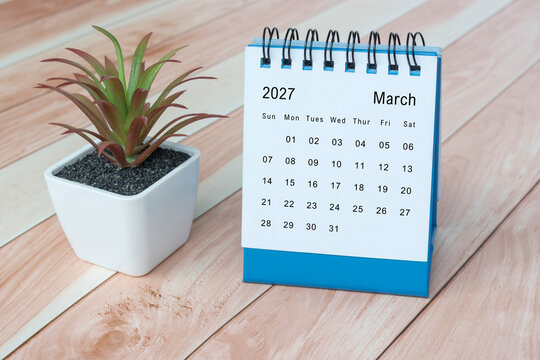 March 2027 desk calendar with potted plant on wooden desk.