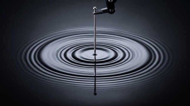 A metal pin penetrating the water surface creates concentric circular ripples in motion needle probe