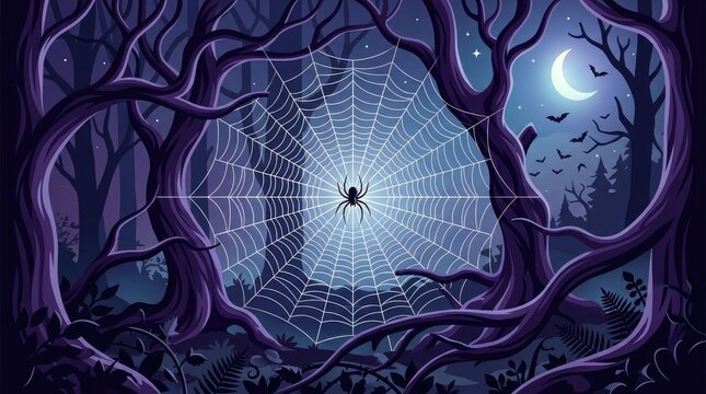 A spooky spider web and halloween banner featuring a dark forest landscape with a glowing moon and flying bats
