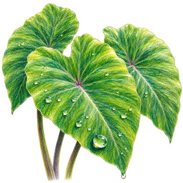 Colored Pencil Elephant Ear Leaves with Fresh Water Droplets