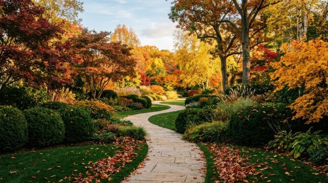 Winding garden path in autumn, surrounded by vibrant fall colors and lush greenery under bright sky.