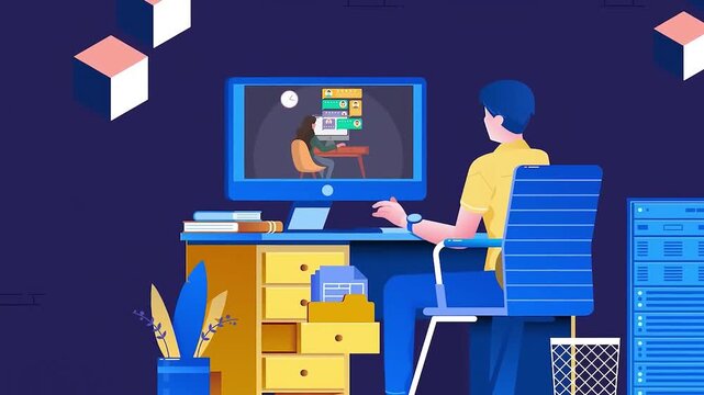 Animated illustration of man working on desktop computer in office