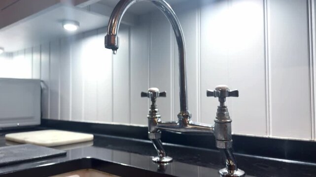 modern tap dripping with sink and kitchen counter and white wall background