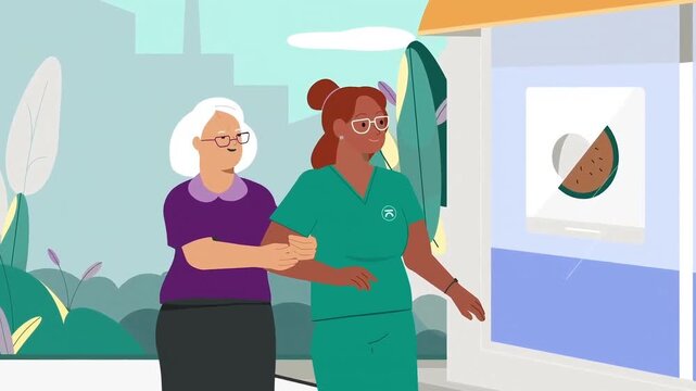 Caregiver helping elderly woman walk outside animation