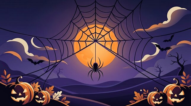 A spooky spider web and halloween banner featuring a glowing full moon and carved pumpkins for festive holiday party designs