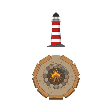 Red and White Lighthouse Tower Situated Near a Circular Stone Campfire Pit With Wooden Log Seats