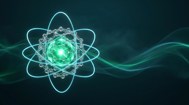 Advanced nanotechnology atom model with bright glowing green core, molecular grid structure, and electron orbits on dark scientific background.
