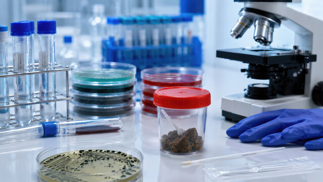 Salmonella diagnostic testing in microbiology laboratory with culture plates, stool sample and microscope
