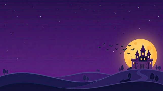 A festive flat vector halloween background featuring a spooky haunted castle silhouette under a large glowing full moon night