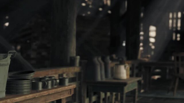 In a dimly lit workshop, wooden tables hold kitchen items like cups and buckets. Sunlight beams through gaps, creating a warm atmosphere. It shows daily life in a simple setting.