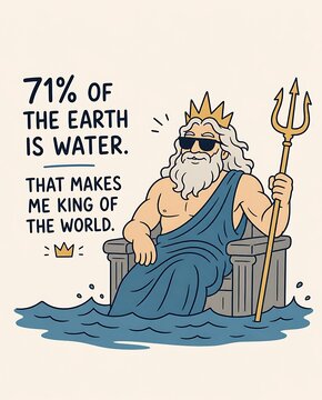 Funny cartoon illustration of Poseidon with sunglasses on a throne in water, with quote stating 71% of Earth is water making him king of the world