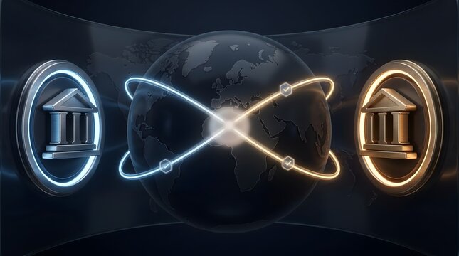 Secure international money transfer concept featuring 3D bank icons, a dark world globe, and glowing orbital lines with verification checkmarks.