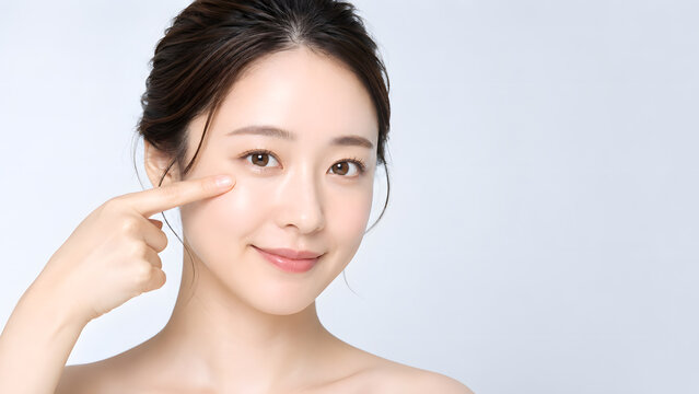 目の下を指差して微笑む美しい若い女性の美容ポートレート