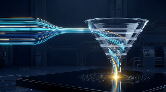 Glowing digital light streams twisting inside a 3D glass funnel demonstrating algorithm processing and machine learning data extraction.
