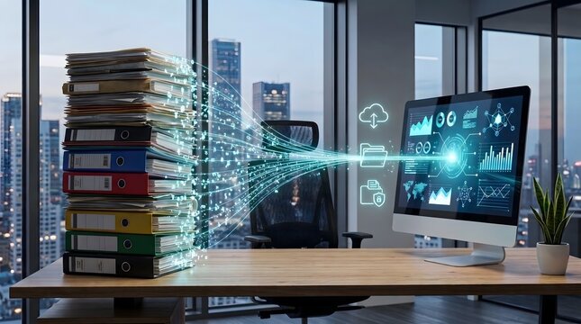 Digitization of office documents concept with physical binders transforming into digital data streaming into a modern computer monitor.